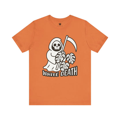 Orange t-shirt with a graphic design of a skeleton holding a sickle and leaves, with 'White Death' text on a white background.